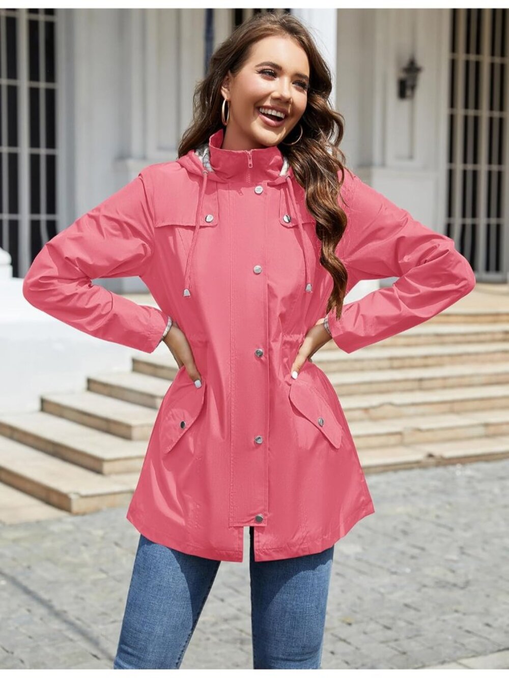 Women's Pink Long Sleeve Lined Jacket Lightweight Hood Jacket Rain Trench Coats - Picture 2 of 5